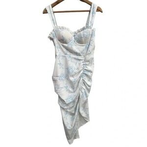 Cider White Blue Floral Ruched Bustier Midi Dress Asymmetrical Hem Womens Size M